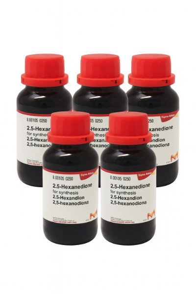 Sigma-Aldrich 2,5-Hexanedione bottle with red cap and white label on a white background