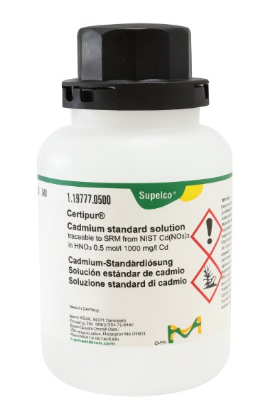 Supelco Certipur cadmium standard solution bottle with black cap and white label on a white background