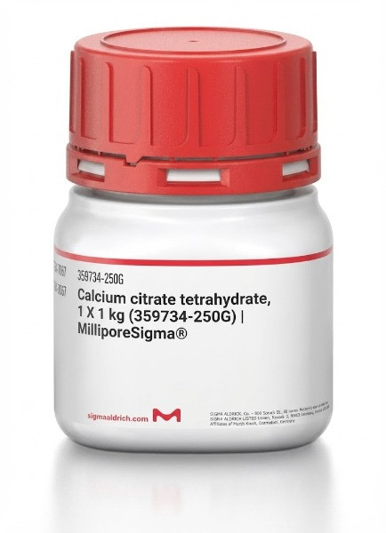 بطری کلسیم سیترات تتراهیدرات سیگما آلدریچ 250 گرم کد 359734 با درب قرمز و بسته‌بندی اورجینال MilliporeSigma