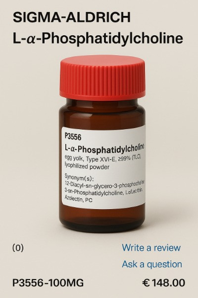 بطری ۱۰۰ میلی‌گرمی L-α-Phosphatidylcholine سیگما آلدریچ با درب قرمز، خلوص ≥99%، نوع XVI-E از زرده تخم‌مرغ، مناسب کاربردهای تخصصی آزمایشگاهی.