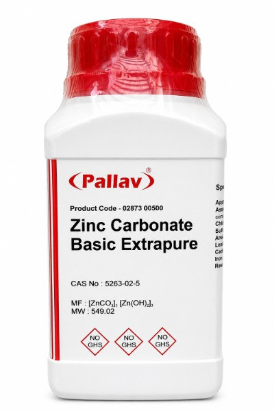 کربنات روی بازی Extra Pure برند Pallav (Basic Zinc Carbonate) با شماره CAS 5263-02-5 در بسته‌بندی آزمایشگاهی 500 گرمی