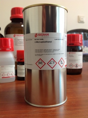 2-مرکاپتواتانل 100 میلی کد M3148 ساخت شرکت زیگما آمریکا  2-Mercaptoethanol for molecular biology, for electrophoresis, suitable for cell culture, BioReagent, 99% (GC/titration) 